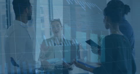 Animated Financial Data with Diverse Team Meeting in Office