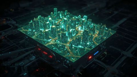 Futuristic miniature city model on platform in tech lab