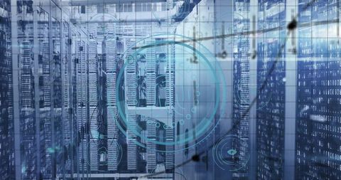 Futuristic Data Center with Holographic Network Displays