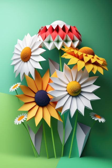 Image of colourful origami paper flowers on green background, created using generative ai technology. Origami, art, nature and flowers, digitally generated image.