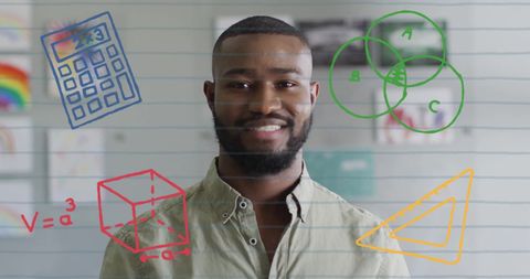 Smiling Teacher with Digital Math and Geometry Overlays - Download Free Stock Images Pikwizard.com