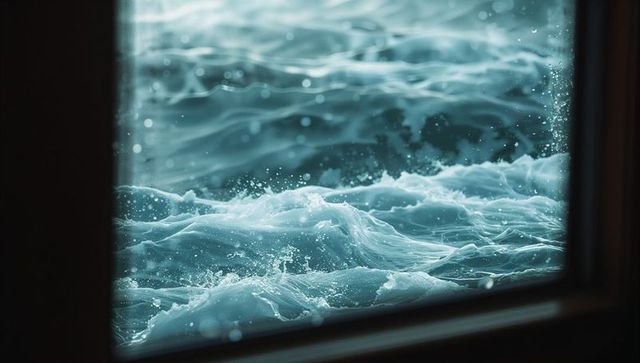 Turbulent sea waves crashing against cabin window during storm