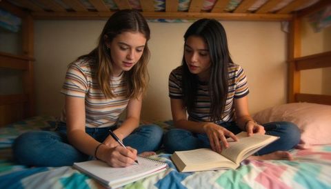 Teen girls studying together on bunk bed writing notes and reading book for homework focus