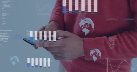 Man in red sweater tapping smartphone with analytics overlays and global visualization