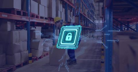Warehouse Worker with Digital Security Overlay Handling Box
