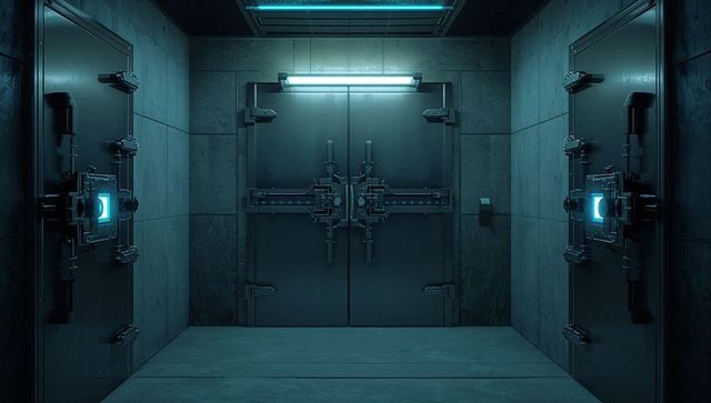 Futuristic secure vault door with advanced technology consoles