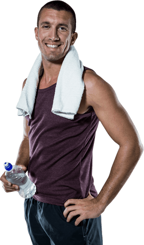 Smiling Man with Towel and Water Bottle on Transparent Background