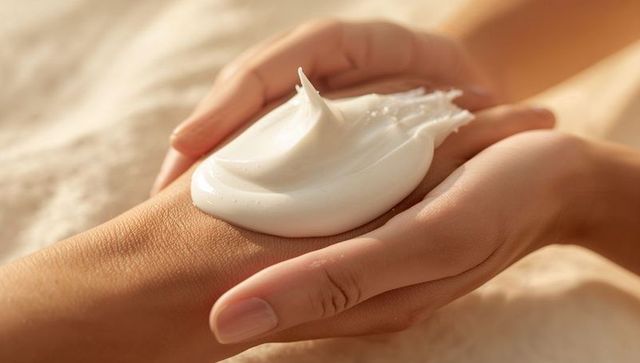 Closeup female hands applying rich moisturizing cream on back of hand for skincare wellness