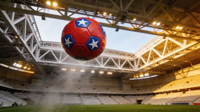 Hovering red soccer ball with blue star panels above stadium turf under golden floodlights