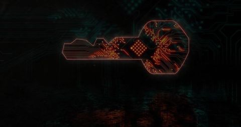 Glowing circuit key representing cybersecurity, encryption and digital access control icon