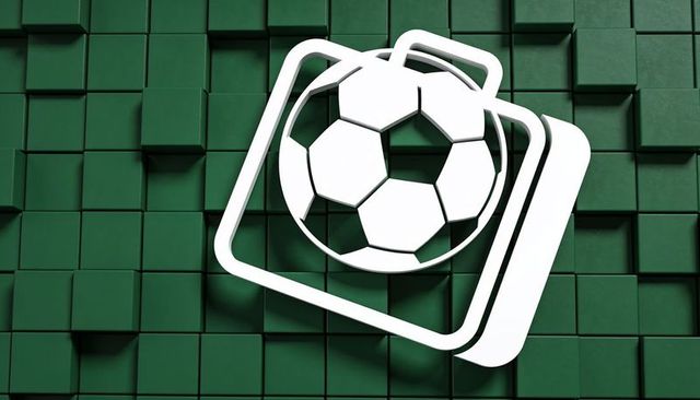 Floating soccer ball emblem casting shadows over green geometric tile grid minimalist 3d render