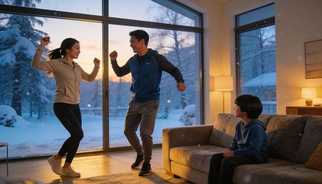 Couple dancing in living room at snowy dusk, child watching, cozy winter home lifestyle