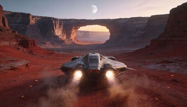 Hovering starship over red desert canyon arch at dawn with twin glowing thrusters and moon
