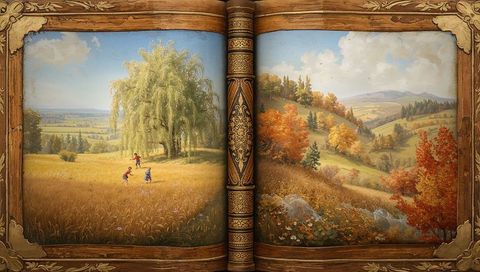 Children playing in meadow pastoral bliss vintage illustration