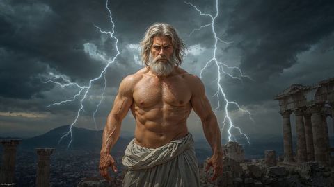 Mythical deity zeus amidst ancient ruins with striking lightning scene