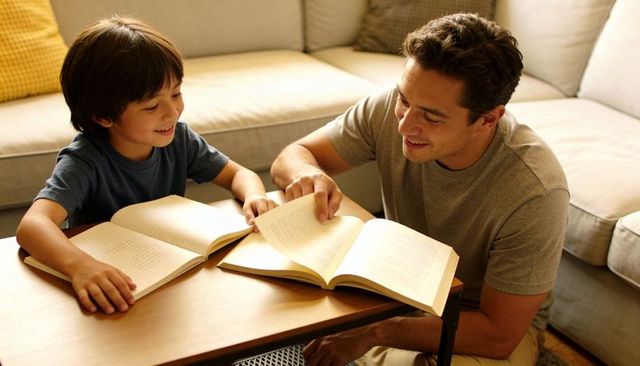 Father reading with son at home sharing books and bonding in cozy living room