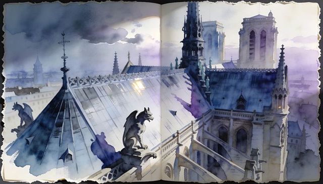 Twilight gothic rooftops with stone gargoyle and misty cathedral spires watercolor illustration