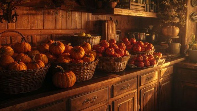 Cozy Farmhouse Pantry with Pumpkins and Tomatoes in Wicker Baskets