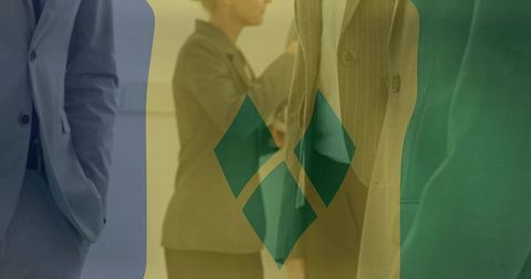 Businesswomen standing in lobby with color overlays and diamond logo for branding