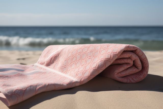 Pink towel with pattern on beach with sea and blue sky, created using generative ai technology. Seaside landscape, vacation, leisure, summer and nature concept digitally generated image.