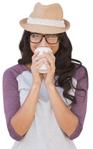 Smiling Woman in Hat Drinking Coffee on Transparent Background