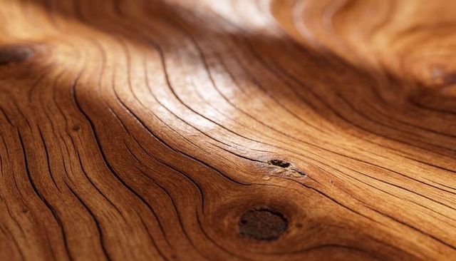 Polished wood grain revealing flowing rings and knots, warm varnish sheen, textured surface