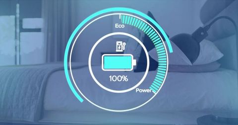 Displaying holographic battery hud at 100% with eco and power gauge over bedroom
