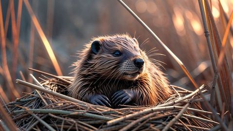 Juvenile beaver resting in reed lodge during golden hour