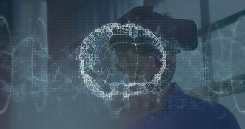 Businessman Experiencing Virtual Reality with Digital Brain Display