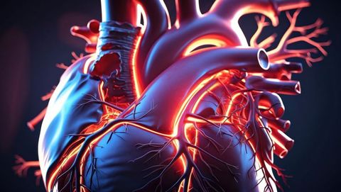 Pulsating human heart illustration showing atria and ventricles, cardiovascular diseases subject