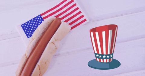 American patriotic hot dog with flag-themed hat