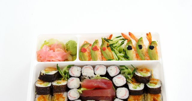 Fresh Sushi Bento with Assorted Rolls and Nigiri on White Background - Download Free Stock Images Pikwizard.com