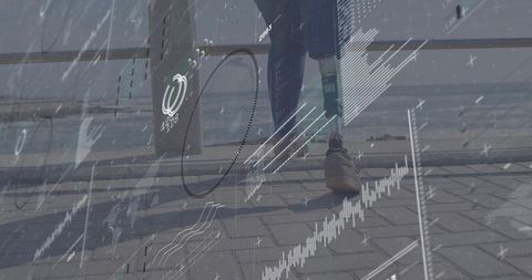 Walking woman with prosthetic leg on waterfront promenade with futuristic data overlay