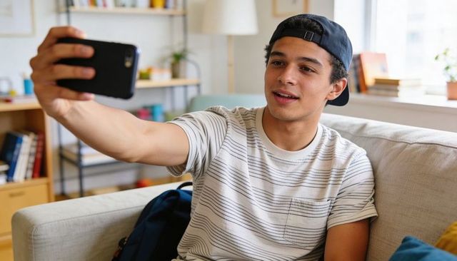 Teen taking selfie on couch wearing backward cap and striped t-shirt