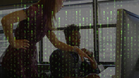 Diverse Team Collaborating on Data and Binary Code in Office