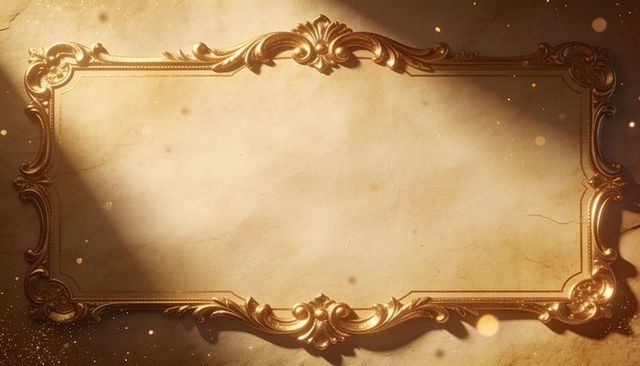 Gilded baroque frame on aged parchment with warm light, ornate scrollwork and gold leaf