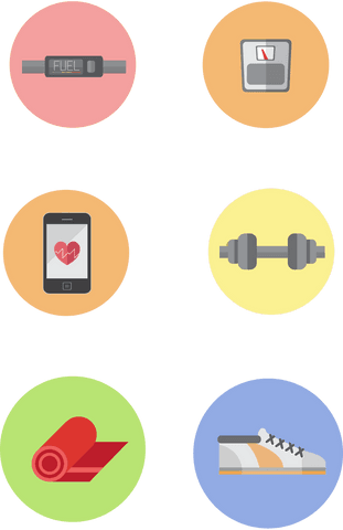 Transparent fitness icon set with colorful circles and abstract shapes