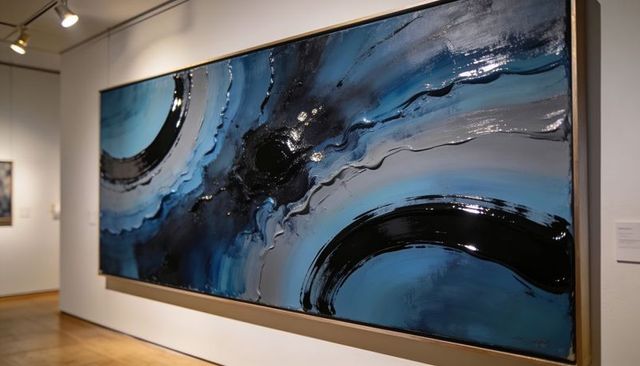 Displaying large blue abstract painting with glossy impasto brushstrokes in modern gallery