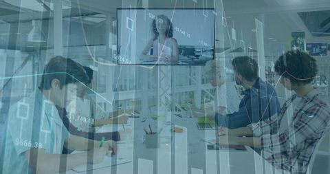 Business meeting with diverse team over financial data screen