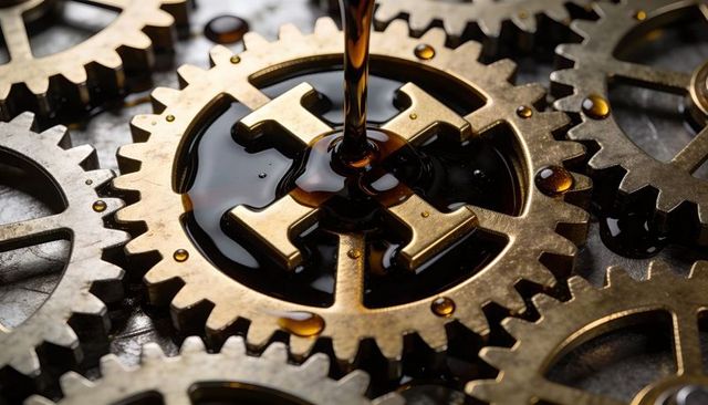 Pouring dark lubricant onto interlocking brass gears creating glossy mechanical sheen