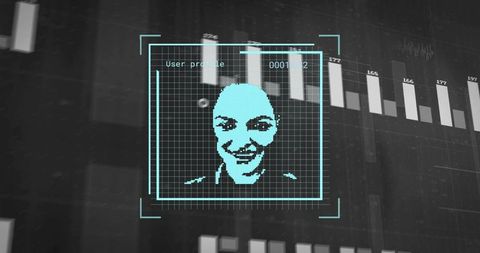 Teal pixel portrait scanning on cybersecurity hud with identity analytics grid