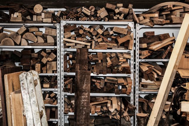 Carpenter Workshop with Shelves of Stored Wood Blocks and Planks - Download Free Stock Images Pikwizard.com