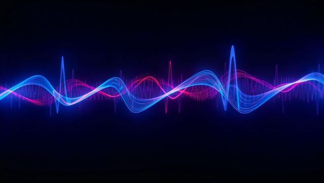 Flowing neon waveform crossing dark field with blue and magenta ribbons and glowing spikes