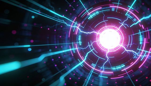 Pulsing neon vortex converging on bright core with electric arcs, sci-fi digital tunnel