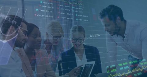 Teams in Business Meeting with Digital Financial Data Overlay - Download Free Stock Images Pikwizard.com
