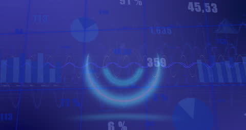 Futuristic Power Button Animation Over Statistical Data Background