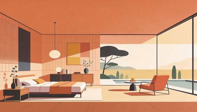 Midcentury sunlit bedroom showing low bed, rust throw, glass wall revealing pool, minimalist