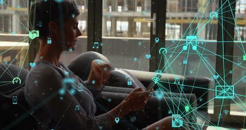 Connected World: Woman Typing Focused on Global Network