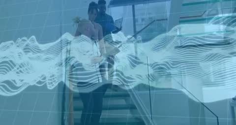 Business Team Analyzing Data Waves on Office Staircase