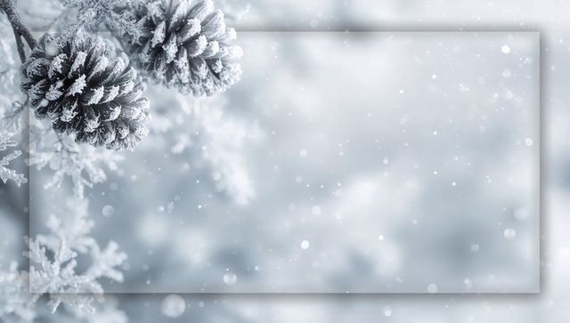 Frosted pine cones on snowy fir branch with soft bokeh and frosted panel background